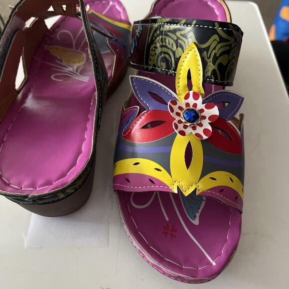 Women Bohemian Sandals Open Toe Wedge Heels Floral Summer Slipper Shoes Size 9 - Picture 7 of 7